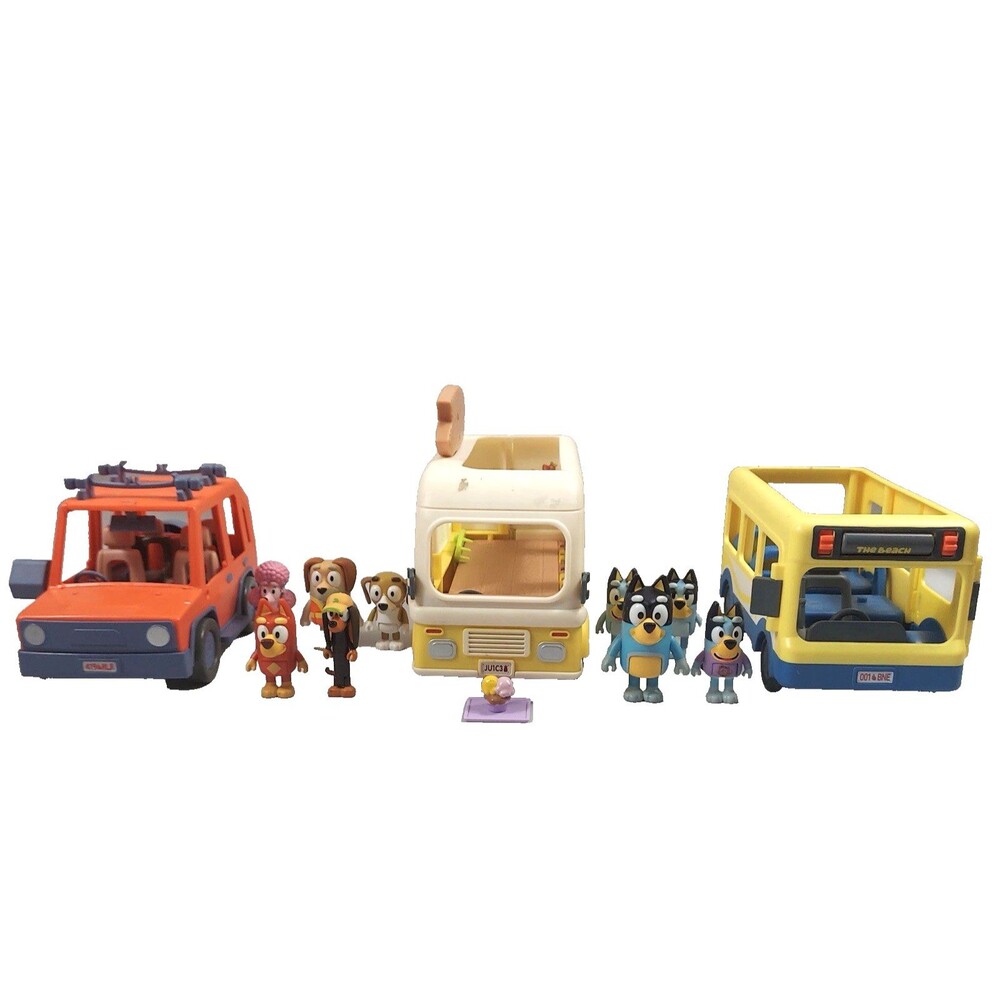 Bluey Playset Vehicles Figures Lot of 13 Car School Bus Food Truck Dad Rusty